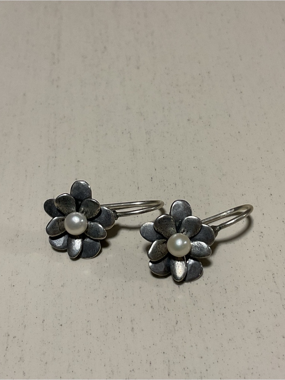 Silpada Silver Floral Earrings with White Pearl Centers